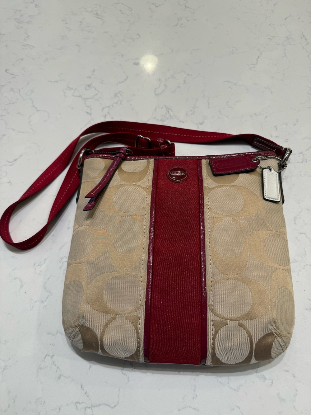 Coach Beige Signature Canvas Crossbody with Red Leather Stripe - Picture 3 of 9